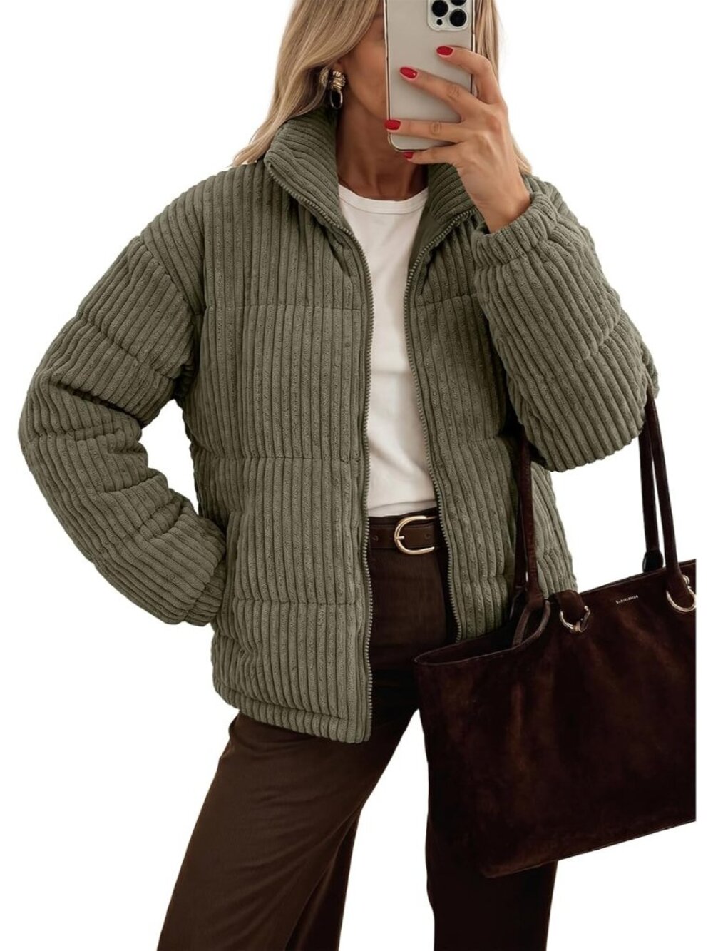 Women's Green Winter Cropped Jacket Zip up Quilted Coat Fall Winter Outfits